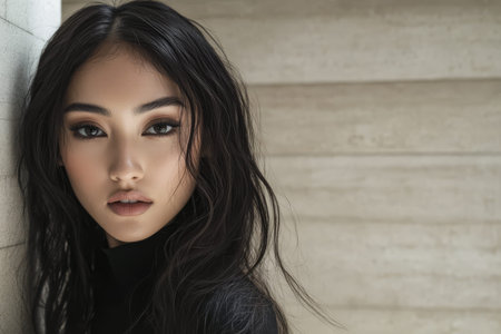A woman with long dark hair poses elegantly against a textured wall. Her expressive eyes and subtle makeup highlight her features in a minimalist interior space showcasing a sense of calm.の素材