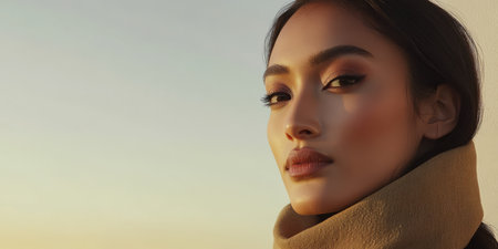 A woman stands outdoors during sunset showcasing her natural makeup. Her expression is confident and serene framed by soft light. She wears a light scarf complementing the warm colors of the sky.の素材