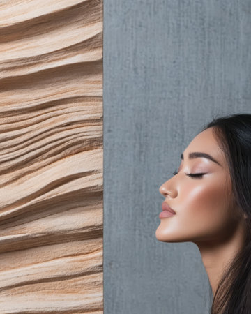 A woman with sleek hair poses gracefully beside a textured wall highlighting her profile with soft makeup. The serene expression and modern backdrop create a refined atmosphere.の素材