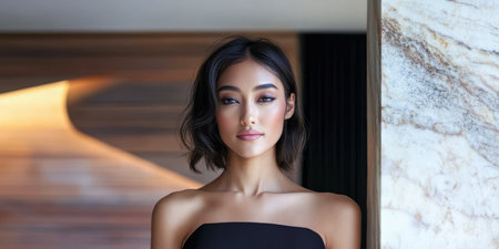 A young woman poses confidently in a chic black outfit showcasing her sleek hairstyle. The backdrop features contemporary design elements creating an upscale ambiance.の素材