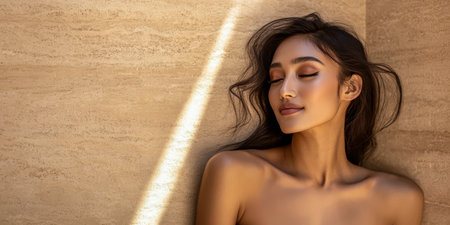 A serene young woman with flowing hair relaxes against a textured stone wall. Sunlight gently highlights her face as she enjoys a peaceful moment of solitude.の素材