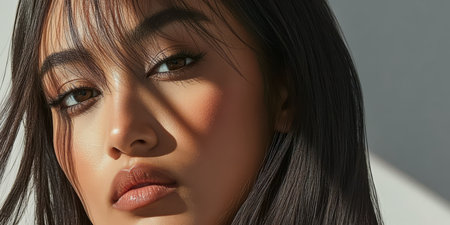 A close-up of a woman with striking features is captured emphasizing her long dark hair radiant skin and expressive eyes. Soft lighting creates a play of shadows on her face enhancing her beauty.の素材