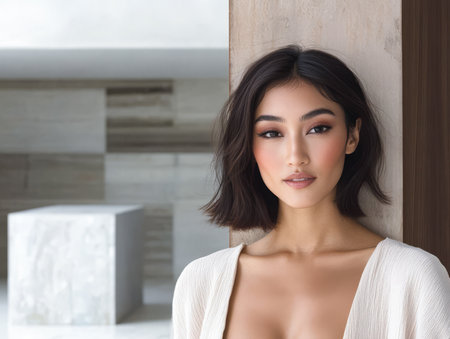 A woman with shoulder-length hair stands against a wooden wall. She wears a soft white outfit and has natural makeup. The background features a stylish contemporary interior design.の素材