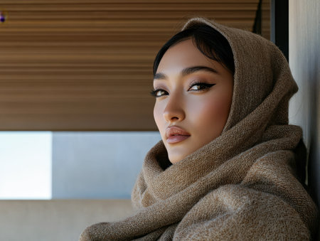 A woman with striking features sits comfortably in a soft textured shawl. The natural tones and minimalist setting emphasize her graceful expression while adding warmth to the atmosphere.の素材
