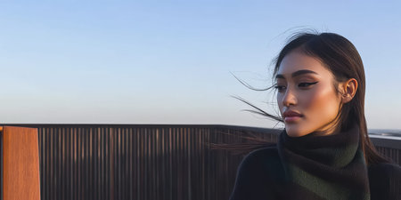 A woman stands on a rooftop looking thoughtfully into the distance as the wind plays with her hair. The backdrop features a serene evening sky hinting at sunset.の素材