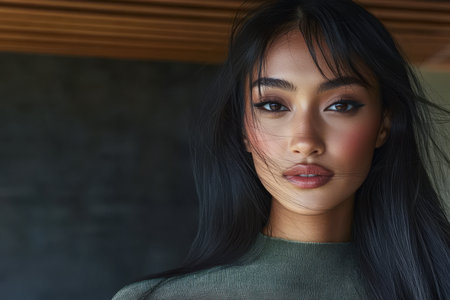 A young woman stands elegantly with long flowing hair. She has a serene expression and natural makeup capturing the essence of beauty in a minimalist indoor environment during daylight.の素材