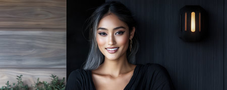 A young woman stands against a dark wooden wall showcasing a fashionable look with a confident smile. Soft lighting highlights her features creating an elegant atmosphere.の素材