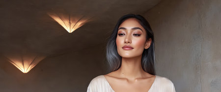 A woman with long hair stands confidently in a modern minimalist interior space. Soft lighting from above highlights her features creating a serene atmosphere during the daytime.の素材