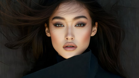 A woman with flawless skin and soft features lies gracefully on a dark background her hair cascading around her. She displays a serene expression showcasing natural beauty.の素材