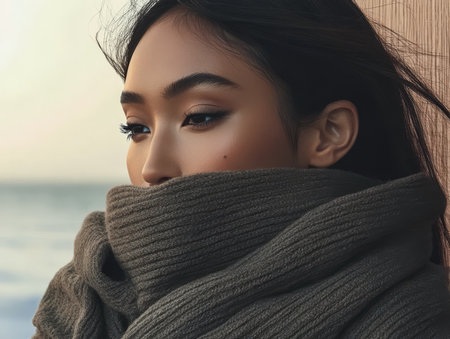 A woman gazes thoughtfully into the distance wrapped in a cozy scarf against the cool ocean breeze. The sunset casts a warm glow enhancing her peaceful expression.の素材