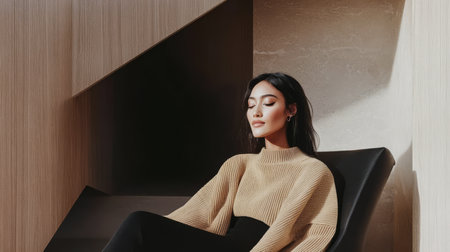 A young woman sits comfortably in a minimalist chair wearing a cozy sweater. Sunlight filters through casting gentle shadows in a stylish interior that feels serene and inviting.の素材