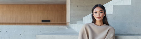 A woman with long hair sits comfortably on a concrete stairway surrounded by a sleek contemporary building. Natural light highlights the minimalist design and her relaxed expression.の素材