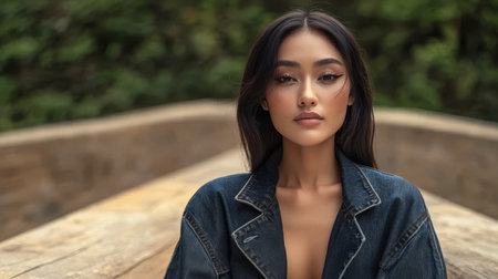 A woman with long black hair confidently stands on a wooden platform surrounded by vibrant greenery. She gazes directly at the camera with a serene expression showcasing her style.の素材