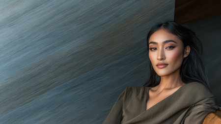 A fashionable woman with long dark hair poses gracefully in front of a textured wall. Natural light enhances her features and the elegant styling of her outfit.の素材