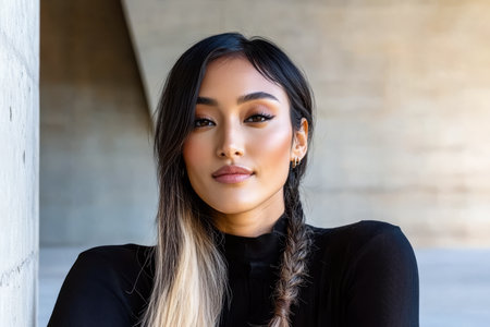 A young woman with long hair and a subtle braid poses confidently against a smooth concrete background.の素材