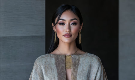 A confident woman stands gracefully in a chic indoor space. She showcases stylish attire complemented by statement jewelry conveying elegance and modern artistry in her expression.の素材