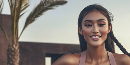 A confident woman smiles while standing outdoors showcasing her athletic wear. Palm trees surround her as the sun sets in the background creating a warm and relaxed atmosphere.の素材