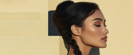 A woman stands in profile with her braided hair elegantly arranged.の素材