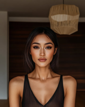 A model poses indoors showcasing a simple yet elegant look with natural makeup. Soft lighting from a pendant fixture highlights her features against a wooden backdrop.の素材