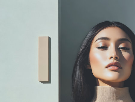A woman with long black hair and natural makeup poses confidently in a neutral-toned outfit. The minimalist background highlights her features showcasing her stylish expression and elegant look.の素材