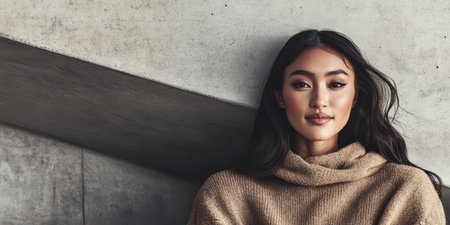 A young woman sits comfortably in a knitted sweater leaning against a sleek concrete wall. Soft lighting highlights her natural beauty and relaxed demeanor creating a contemporary atmosphere.の素材