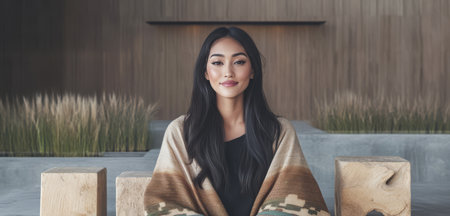 A woman sits calmly wrapped in a beautifully patterned blanket against a backdrop of minimalist architectural design. Her serene expression adds to the tranquility of the setting.の素材