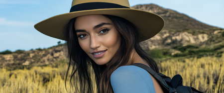 A young woman with long dark hair and a wide-brimmed hat smiles at the camera while surrounded by lush greenery and mountains under a clear blue sky.の素材