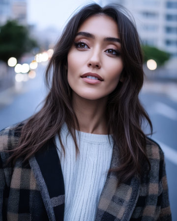 A young woman stands confidently on a city street at dusk wearing a stylish plaid coat and gray sweater. Soft lights from passing vehicles create a warm glow behind her.の素材