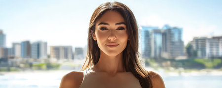 A young woman stands in front of a vibrant city skyline and beach exuding confidence and tranquility. The sunlight illuminates her features creating a relaxed atmosphere.の素材