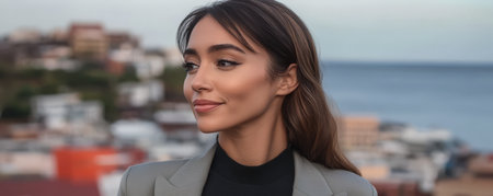 A young woman stands poised near the coastline gazing into the distance. Dressed in a tailored suit she exemplifies modern professionalism against a stunning ocean backdrop during sunset.の素材