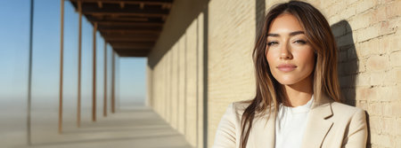 A confident woman stands against a brightly lit wall showcasing her sophisticated outfit.の素材