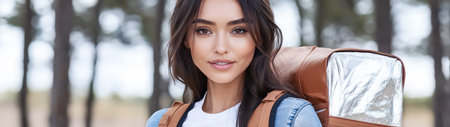 A young woman with long hair and a warm smile stands in a forest wearing a casual outfit and carrying a brown backpack. Trees surround her creating a serene outdoor atmosphere on a bright day.の素材