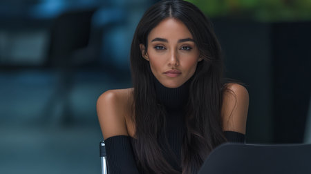 A woman with long dark hair and striking features sits thoughtfully in a sleek indoor space. She wears a black turtleneck and gazes directly exuding confidence and elegance.の素材