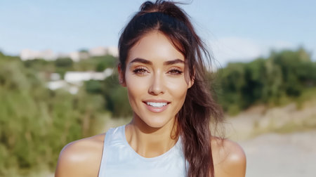A young woman with long hair smiles brightly while standing in a natural setting. She is dressed in athletic wear and radiates positivity and health during a workout routine.の素材