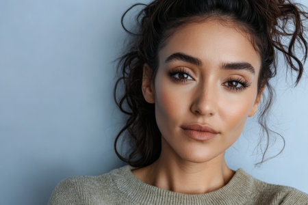 A woman with curly hair and a natural look gazes directly at the viewer with a calm expression. Her soft features and minimal makeup highlight her beauty against a muted blue backdrop.の素材
