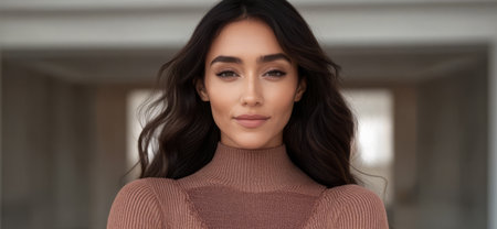 A woman with long dark hair stands confidently in an elegant outfit showcasing a contemporary indoor space filled with natural light. Her expression is calm and self-assured.の素材