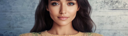 A young woman with long dark hair smiles gently while wearing a cozy patterned sweater. The textured background adds a warm atmosphere enhancing her approachable demeanor.の素材