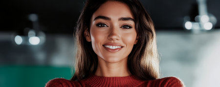 A young woman with long hair smiles warmly while wearing a comfortable red sweater. The background features soft lighting creating an inviting atmosphere ideal for casual gatherings.の素材