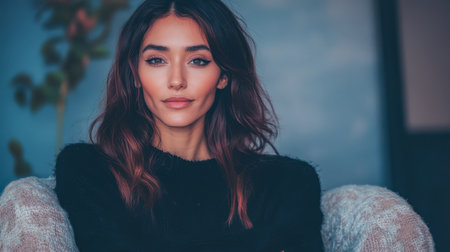 A woman with long flowing hair is seated comfortably in a cozy chair. Soft light filters through the room highlighting her relaxed expression and warm ambiance.の素材