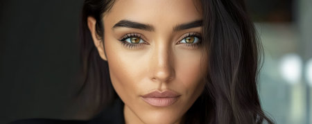 A captivating woman with long dark hair and expressive eyes poses for a close-up in soft lighting. The indoor setting creates a serene atmosphere highlighting her natural beauty and confidence.の素材