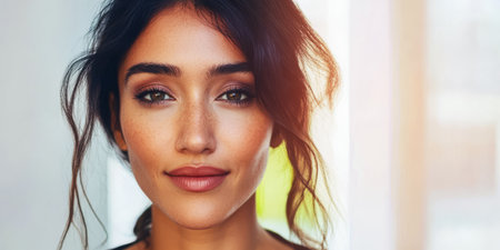 A young woman gazes directly at the viewer with a serene expression. Sunlight filters through a nearby window highlighting her glowing skin and enhancing her features.の素材