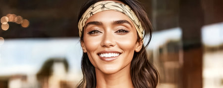 A woman with long dark hair and a patterned headband beams at the camera in a well-lit indoor location. The backdrop features soft lighting and blurred shapes enhancing her joyful expression.の素材