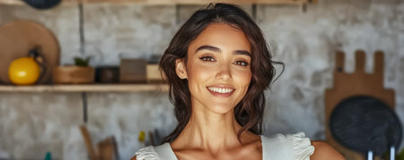 A joyful woman stands in a well-lit kitchen filled with wooden shelves and vibrant ingredients. She beams with happiness as she prepares to create delicious meals showcasing her culinary passion.の素材