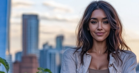 A woman stands outdoors smiling confidently while overlooking a vibrant city skyline at sunset. The warm light casts a beautiful glow on her and the urban landscape.の素材