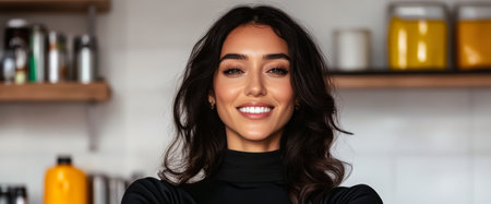 A young woman poses happily in a contemporary kitchen. She showcases her enthusiasm while standing near shelves filled with vibrant ingredients. The warm ambiance highlights her joyful expression.の素材