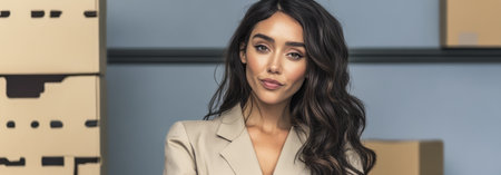 A confident woman stands in a contemporary office dressed in a stylish suit. She has long wavy hair and a poised expression surrounded by cardboard boxes indicating an office move or setup.の素材