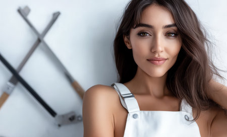 A young woman with long dark hair smiles warmly while wearing a casual outfit. She stands in a bright urban workspace with tools displayed in the background showcasing creativity.の素材