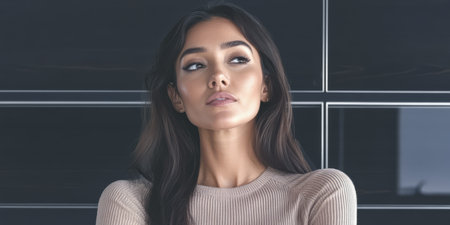 A woman stands elegantly in a contemporary room with sleek design. Soft light highlights her features as she gazes thoughtfully showcasing both fashion sense and poise in this chic environment.の素材
