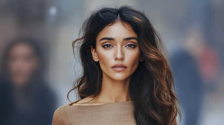 A model displays elegance while walking on a bustling city street filled with blurred pedestrians during a fashionable autumn day. The air is crisp as fashion enthusiasts gather.の素材