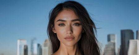 A woman with long flowing hair poses confidently in front of a modern city skyline. The bright daylight enhances her natural beauty highlighting her striking features and vibrant green eyes.の素材